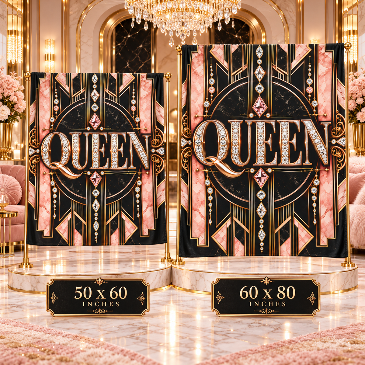 Two decorative photo backdrops with an Art Deco style, one labeled 50 x 60 inches and the other 60 x 80 inches, displayed on stands in an elegant room setting. The backdrops feature a black background with pink marble-like vertical panels, gold geometric lines, and the word 'QUEEN' in large metallic letters.