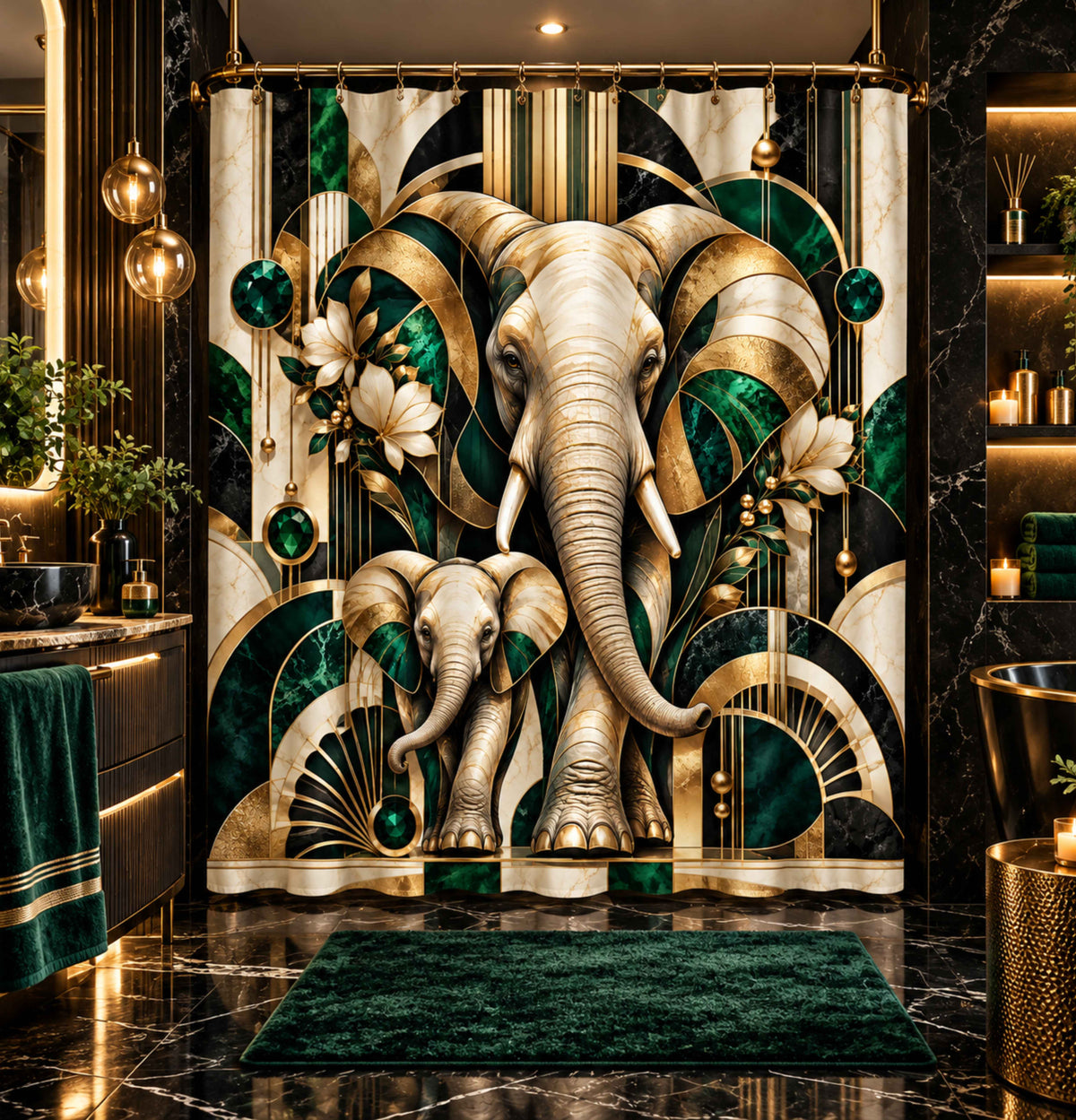 A large decorative shower curtain hanging in a luxurious bathroom, featuring a stylized Art Deco design with two elephants in cream and gold tones, accented by deep green marble-like shapes and white floral motifs. The bathroom has dark marble surfaces, gold lighting, and a dark green rug in front.