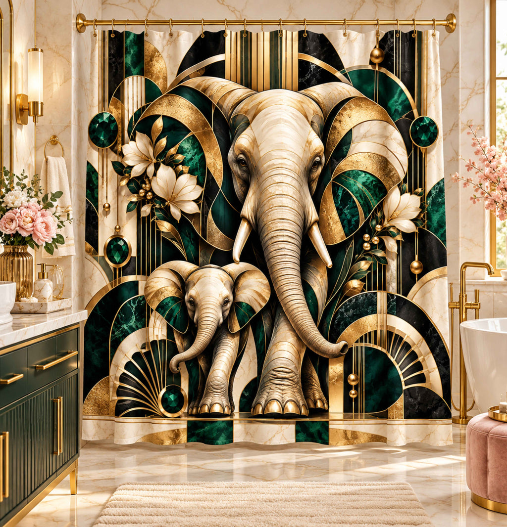 Elephant — Gold & Emerald SafarShower Curtain — i Bathroom Decor