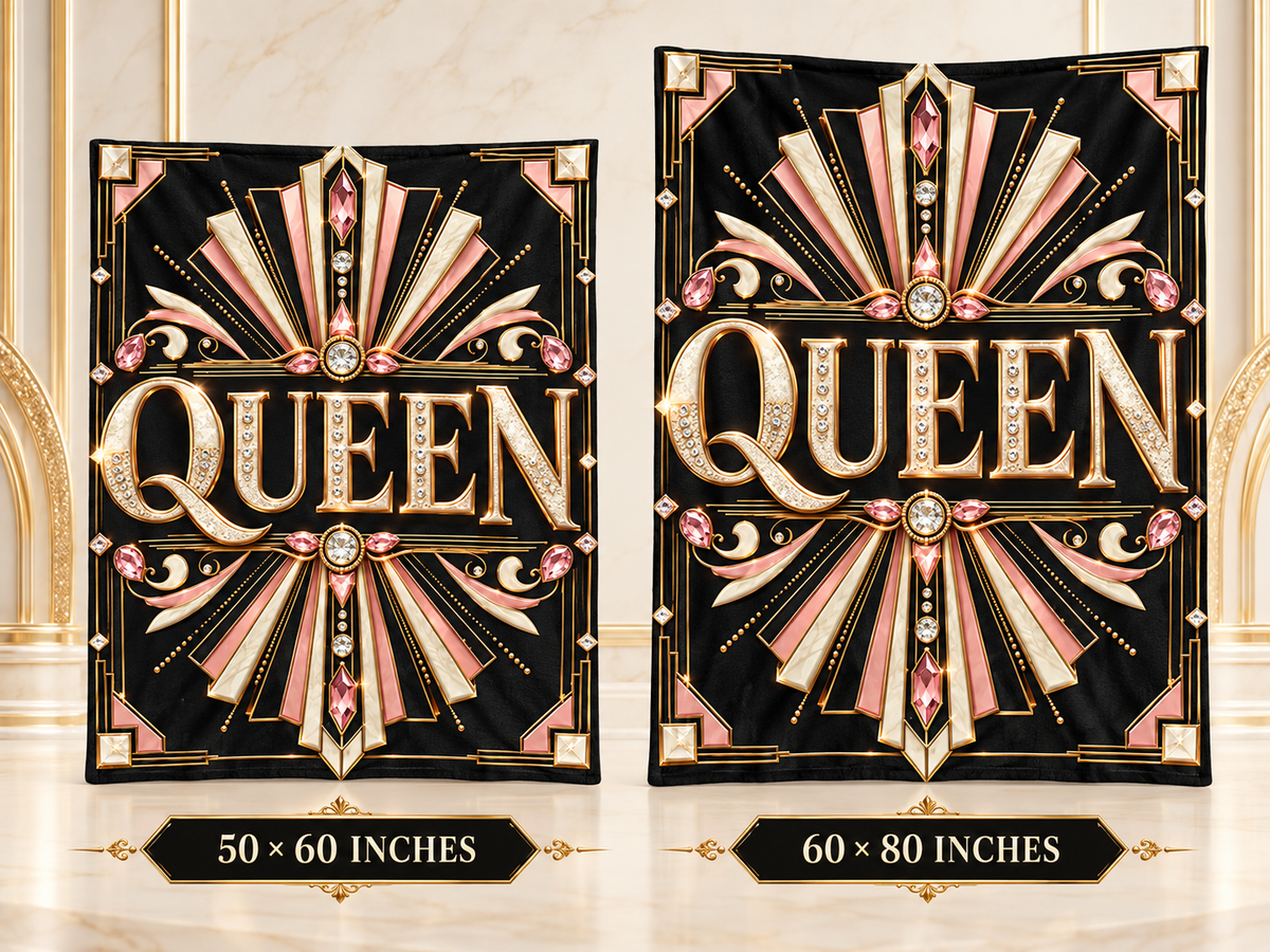Two decorative wall tapestry designs featuring the word 'QUEEN' in ornate gold lettering with pink and gold Art Deco-style fan motifs on a black background. The left tapestry is labeled 50 x 60 inches and the right tapestry is labeled 60 x 80 inches, shown against a light marble wall and gold-framed background.