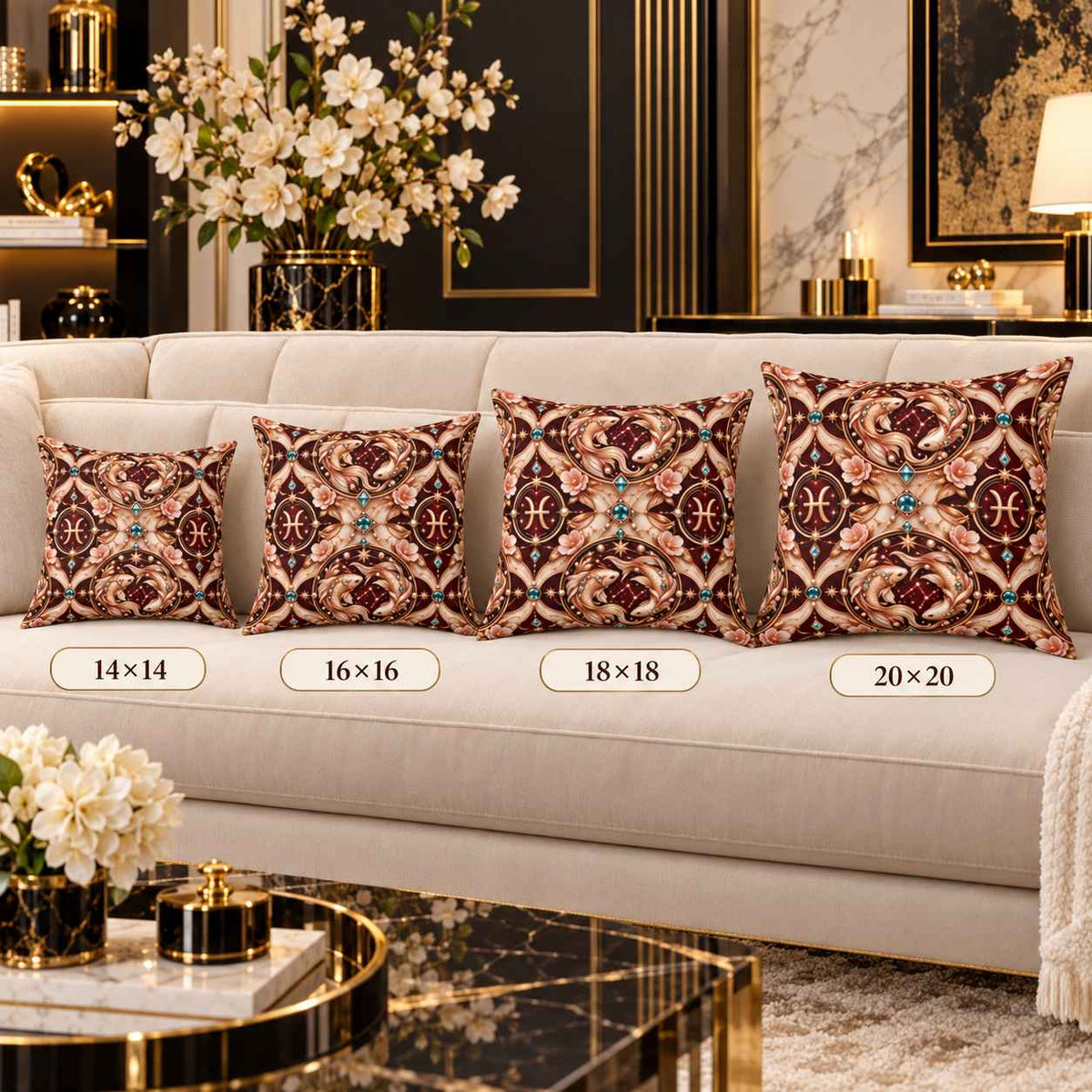 Luxury living room mockup featuring four decorative Pisces throw pillows arranged on a cream sofa in ascending sizes: 14×14, 16×16, 18×18, and 20×20. Each pillow has an ornate symmetrical design in burgundy, blush, cream, and gold with turquoise jewel accents, floral details, Pisces symbols, and two fish motifs. The room includes black, gold, and marble décor with white flowers and a coffee table in the foreground.