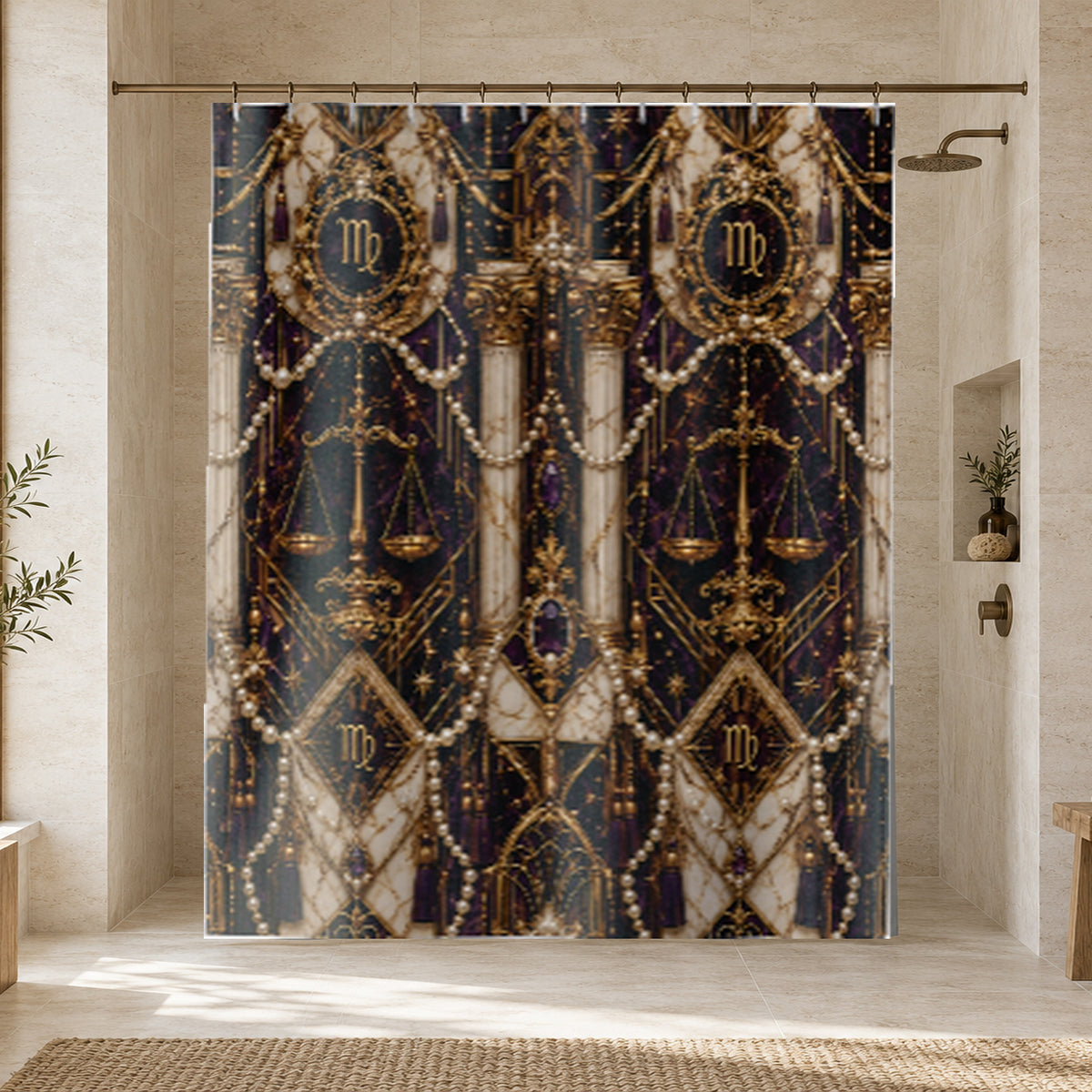 A bathroom shower curtain featuring an ornate baroque-style design with gold scales of justice, pearl-like chains, and astrological symbols on a dark navy and cream background.