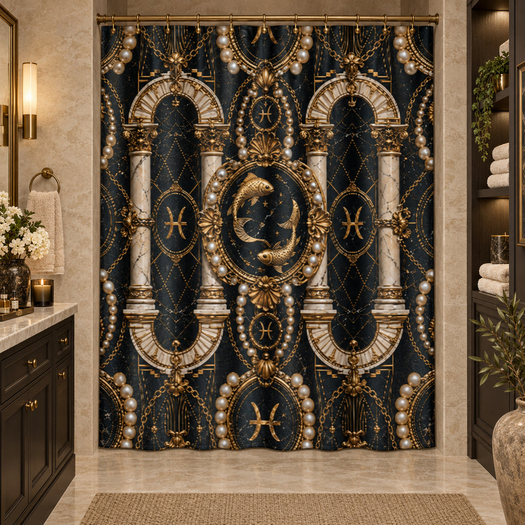 Pisces Luxury Zodiac Shower Curtain — Gold Fish Emblem, Black Marble Bath Decor,