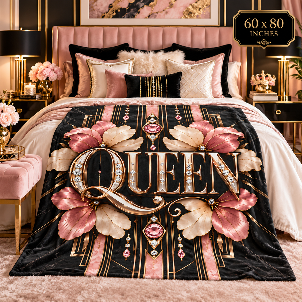 A plush fleece blanket draped over a bed in a luxurious pink and gold bedroom. The blanket features a black background with large pink and beige floral motifs, gold vertical stripes, and the word 'QUEEN' in ornate gold lettering embellished with rhinestones.
