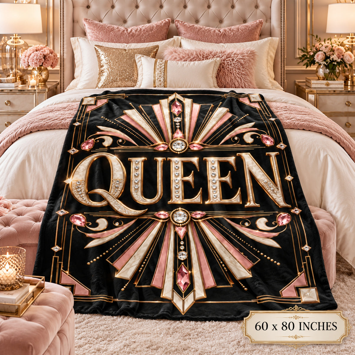 A plush throw blanket draped over a bed in a styled bedroom. The blanket is black with ornate gold and pink Art Deco-style detailing and the word “QUEEN” in large gold letters.