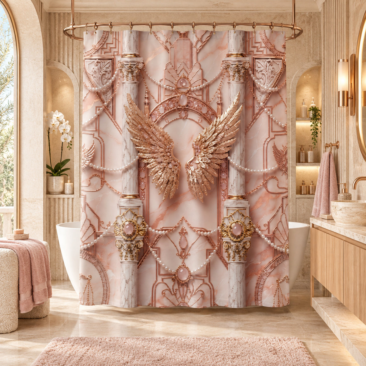 Luxury Blush Pink & Rose Gold Marble Divine Wings Shower Curtain