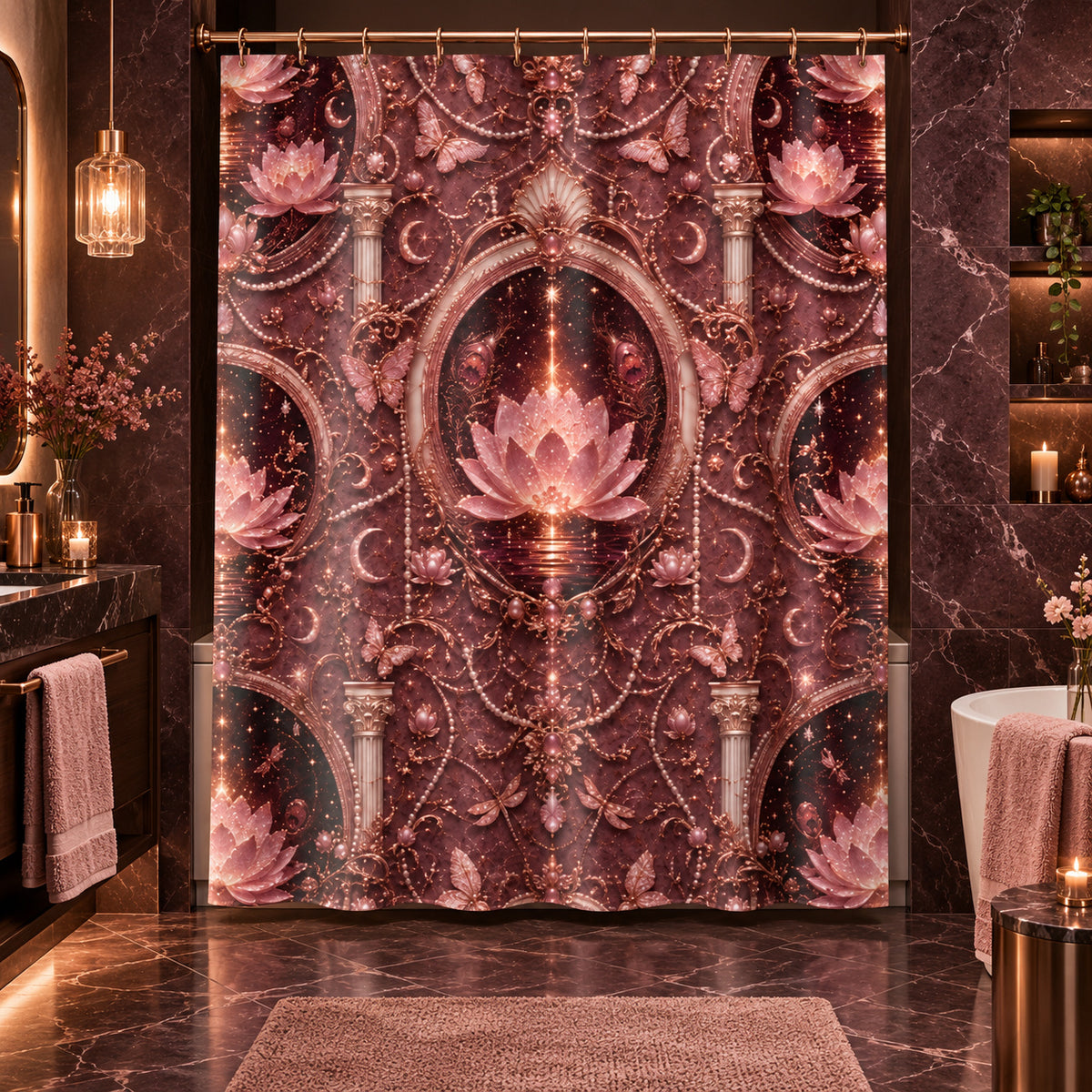 Lotus Sanctuary Boho Mystic Shower Curtain — Floral Bath Decor