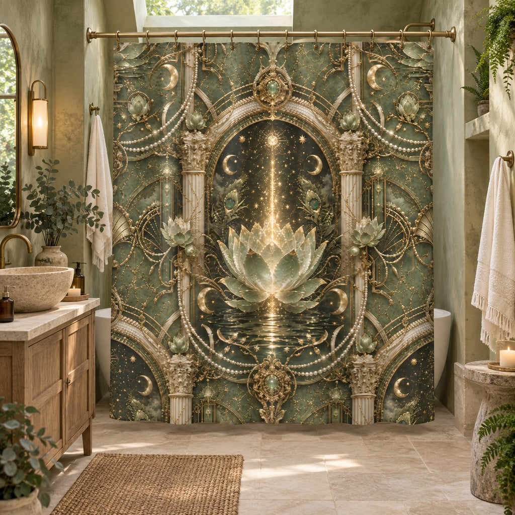 Mystical Green Lotus & Starfall — Lotus Arch Shower Curtain
