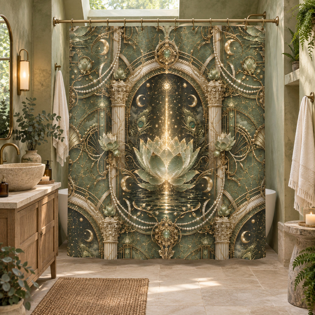 Mystical Green Lotus & Starfall — Lotus Arch Shower Curtain