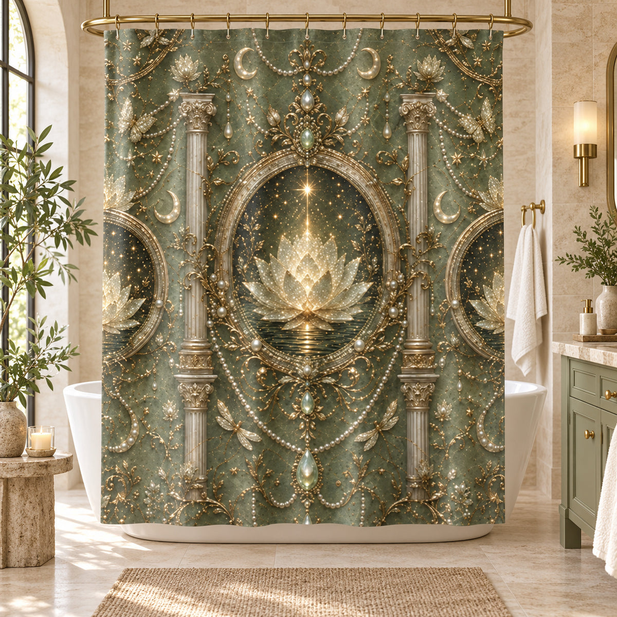 Lotus Altar Shower Curtain — Vintage Green Spa Bathroom Décor