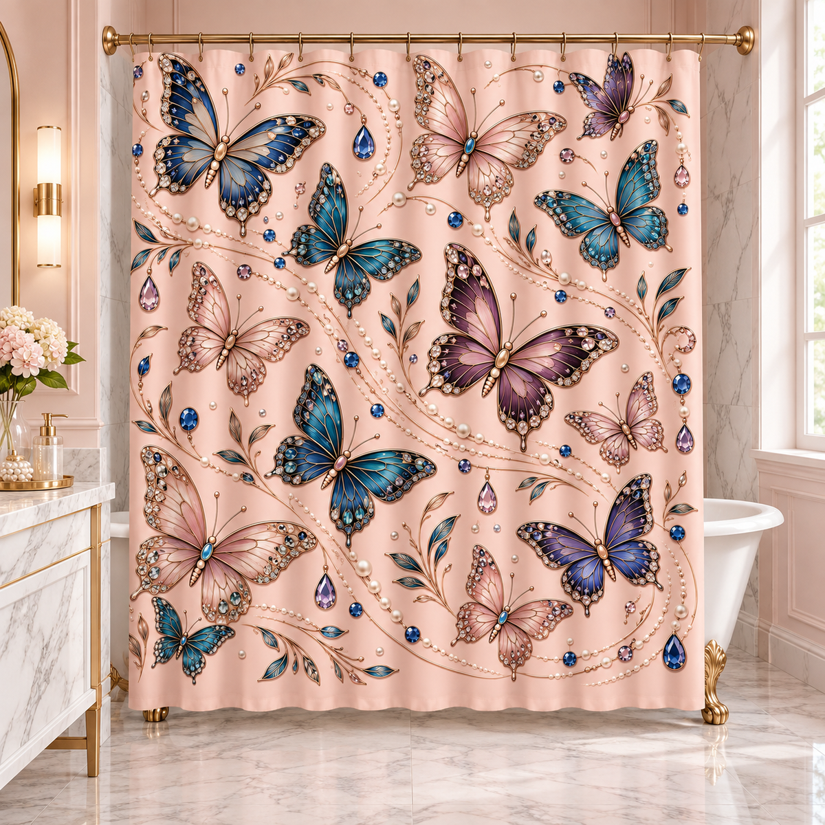 A shower curtain featuring a detailed pattern of colorful butterflies in shades of blue, purple, and pink over a dusty pink background, decorated with delicate gold vine details and small blue gem accents in a luxury bathroom