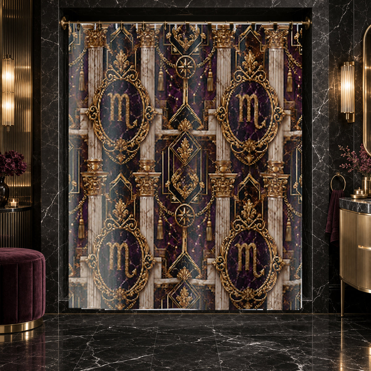 Scorpio Zodiac Gothic Shower Curtain — Ornate Gold Emblem, Deep Marble, Baroque Astrological Bath Deco