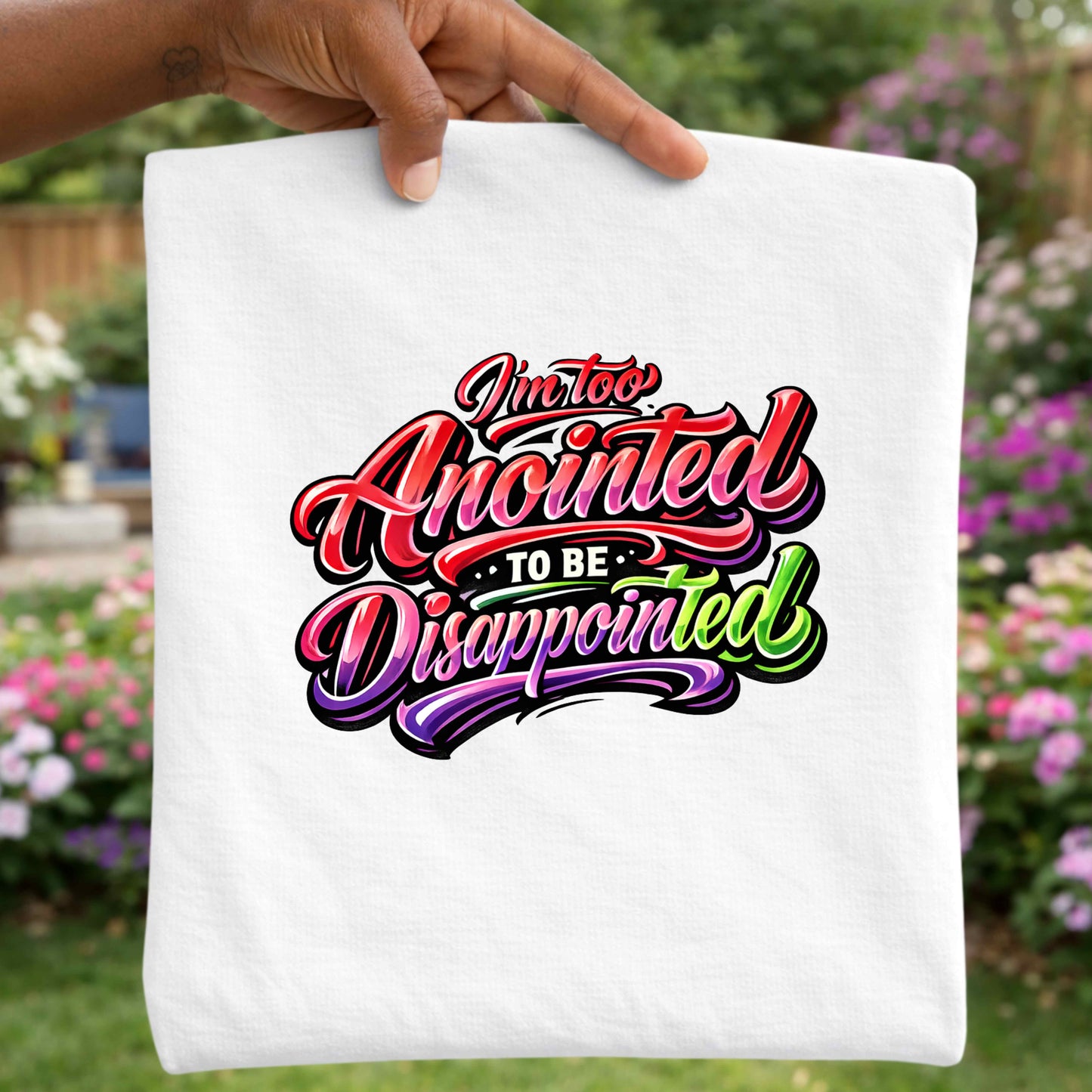 White T-shirt with colorful text 'I'm too Anointed To be Disappointed' held by a hand with a garden background