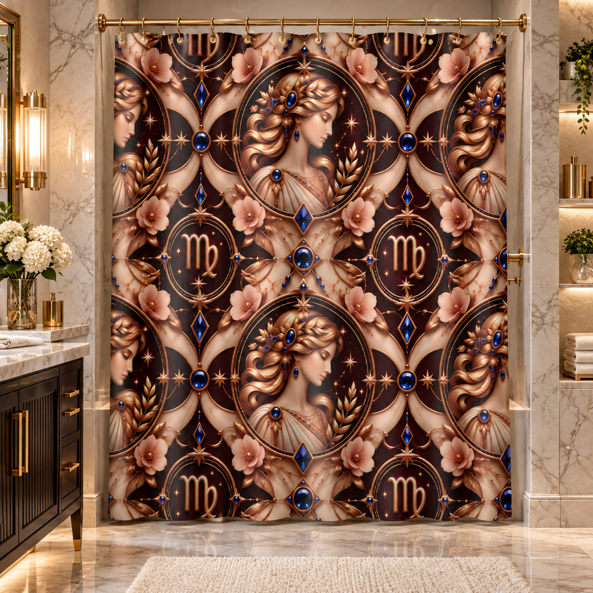 A decorative shower curtain hanging in a luxurious bathroom. The curtain features an ornate repeating pattern with circular medallions, floral motifs, and astrological symbols in warm beige, bronze, pink, and deep blue tones.